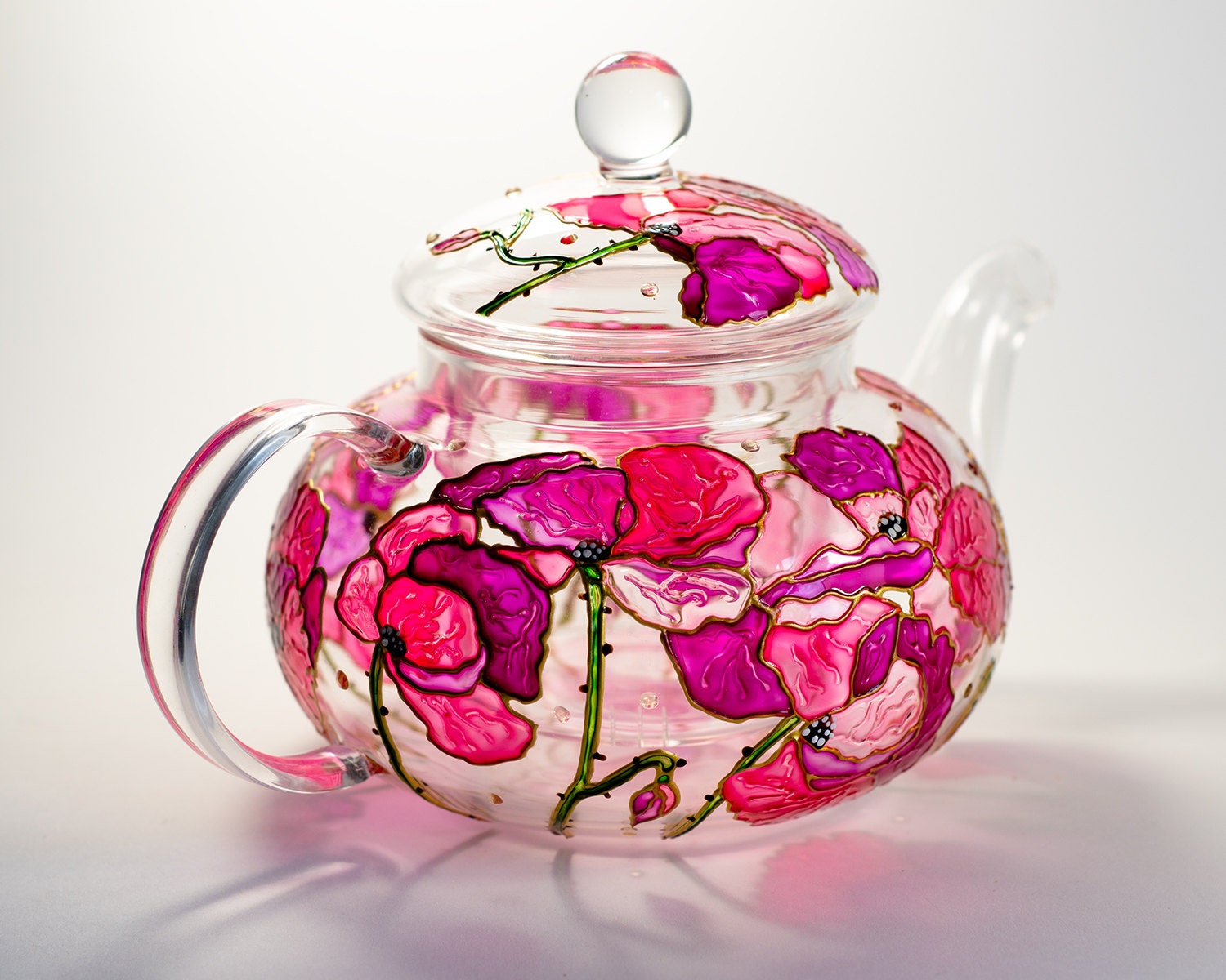 Glass Tea Pot Set for One, Hand Painted With My Unique Blossom Design, Cup  & Pot, Special Gift, Pink, Tea Lover, Boxed. 