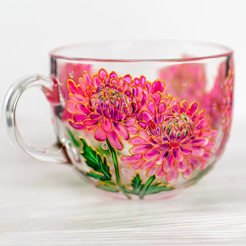 Personalized birth flower mug as a maid of honor gift, hand painted floral glass cup for a bridesmaid keepsake.