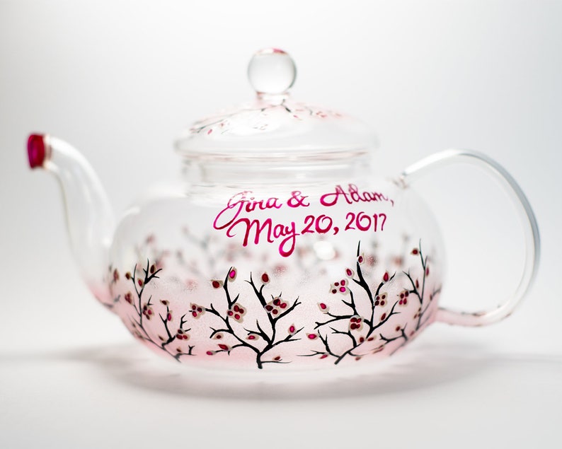 Personalized Glass Teapot Cherry Blossom, Unique Teapot Hand Painted Hostess Gift image 8