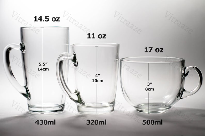 May include: Three clear glass mugs of varying sizes. The largest mug is 5.5 inches tall and holds 14.5 oz. The medium mug is 4 inches tall and holds 11 oz. The smallest mug is 3 inches tall and holds 17 oz.