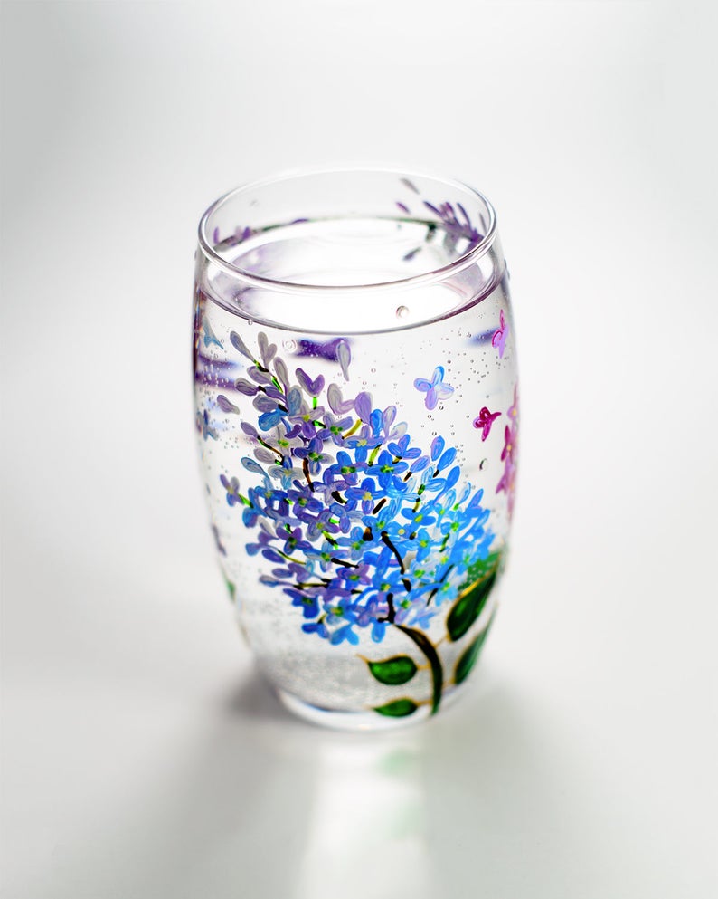 Floral Wine Tumbler Lilac Flowers Wine Glasses Botanical Hand Painted Stemless Wedding Glasses image 1