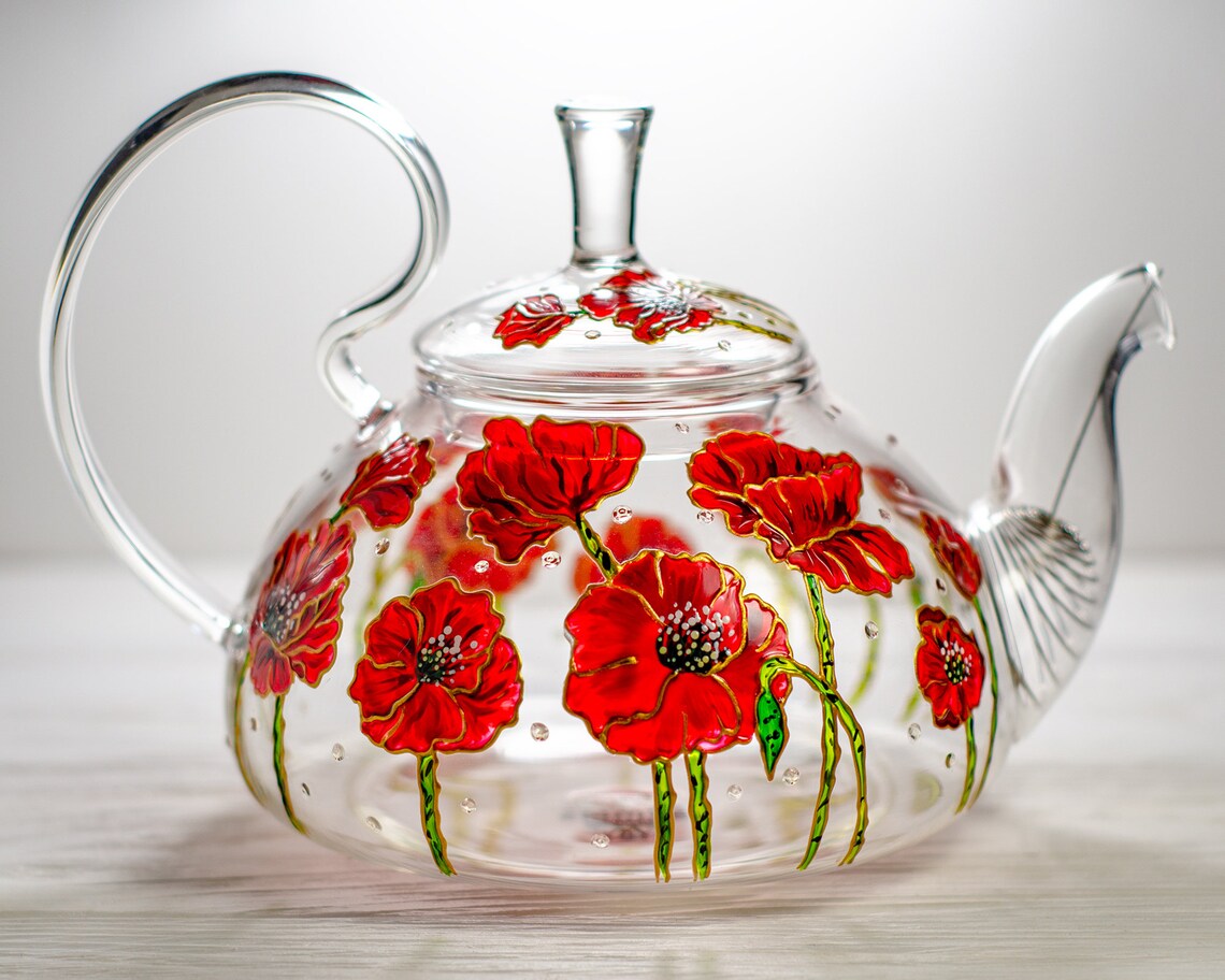 Personalized Teapot Red Poppies Glass Teapot with Removable Etsy