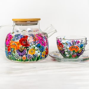 Personalized Wildflowers Glass Teapot with Cups and Saucers, Floral Tea Set for Women