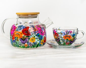Wildflowers Glass Teapot with Cups and Saucers, Floral Tea Set for Women