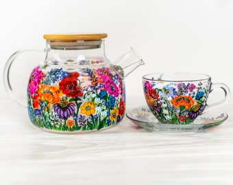 Personalized Floral Mother's Day Gifts, Glass Teapot with Cups and Saucers,Floral Tea Set