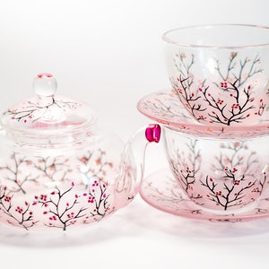 Personalized Tea Set Teapot with Cups and Saucers, Cherry Blossom Tea Cups Saucer Set, Christmas Gift Mom