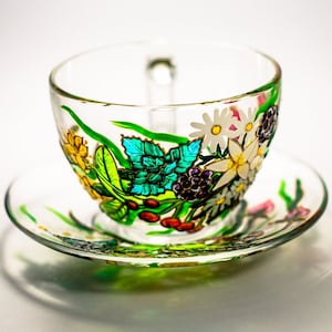Hand Painted Botanical Tea Cup with Saucer, Handmade Tea Set Floral