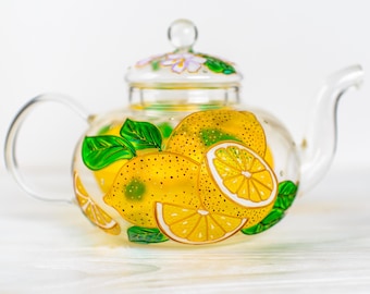 Glass Teapot with Infuser, Hand Painted Lemon Teapot, Tea Lover Gift