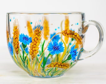 Personalized Mug Ukrainian Colors Gift, Cornflowers and Wheat Ears Botanical Mug