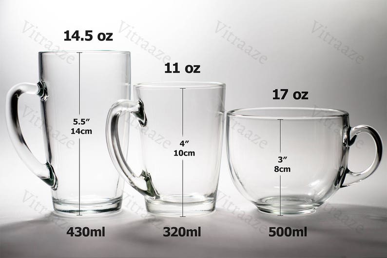 May include: Three clear glass mugs of varying sizes. The largest is 5.5 inches tall and holds 14.5 oz. The medium mug is 4 inches tall and holds 11 oz. The smallest is 3 inches tall and holds 17 oz.