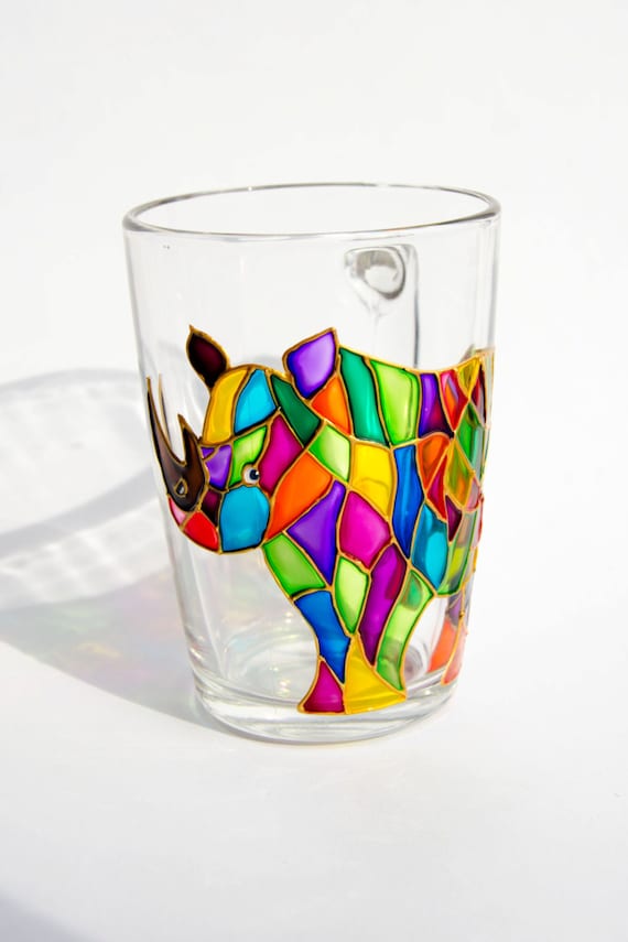 Stained Glass Mug, Handmade Rhino Coffee Mug, Colourful Stained Glass Cup