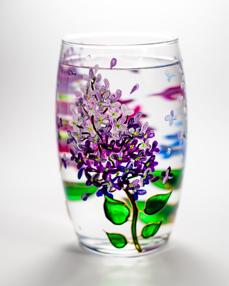 Floral Wine Tumbler Lilac Flowers Wine Glasses Botanical Hand Painted Stemless Wedding Glasses image 4