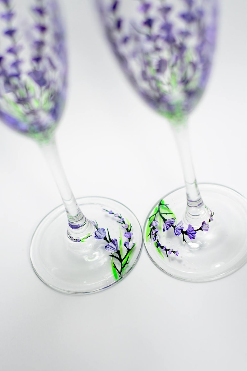 Personalized Champagne Flutes, Lavender Wedding Glasses Hand Painted Champagne Flutes Set of 2 Wedding Toasting Glasses image 4