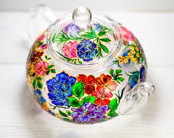 Personalized Gift for Mom Glass Teapot with Flowers, Mothers Day Gift