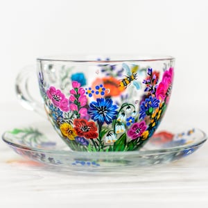 Personalized Gift for Mothers Day, Tea Cup and Saucer Set, Wildflowers Teacup Set Grandma Gift