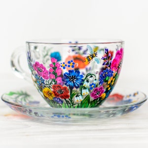 Personalized Gift for Mom, Tea Cup and Saucer Set, Wildflowers Teacup Set Grandma Gift