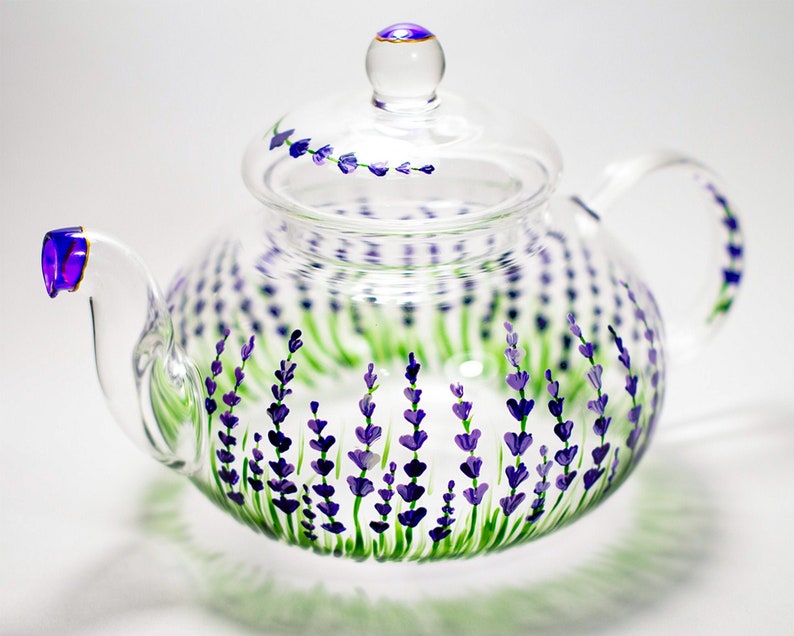 Lavender Teapot Rustic Hand painted Glass Teapot with Infuser Tea Party Favors image 1