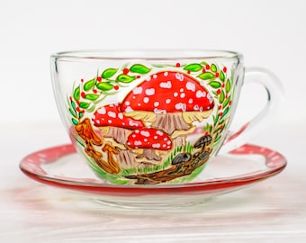 Personalized Tea cup and Saucer Mushroom Tea set, Toadstool Teacup Set, Forest cup