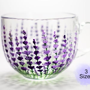 Lavender Big Glass Mug, Floral Hand Painted Coffee Mug Gift for