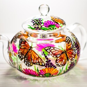 Glass Teapot Butterflies and Flowers, Hand Painted Tea Pot with Infuser, Personalized Grandma Gift image 8