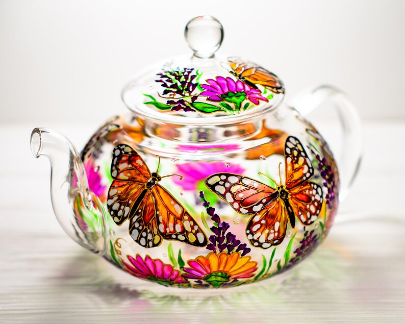 Glass Teapot Butterflies and Flowers, Hand Painted Tea Pot with Infuser, Personalized Grandma Gift image 8