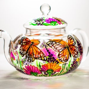 Glass Teapot Butterflies and Flowers, Hand Painted Tea Pot with Infuser, Personalized Grandma Gift image 7