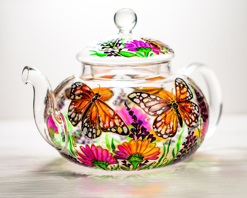 Glass Teapot Butterflies and Flowers, Hand Painted Tea Pot with Infuser, Personalized Grandma Gift image 7