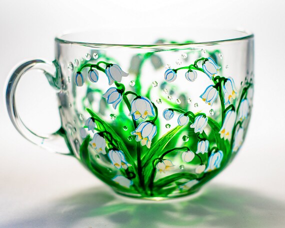 May Birth Flower Mug, Lily of the Valley, Hand Painted Glass Mug