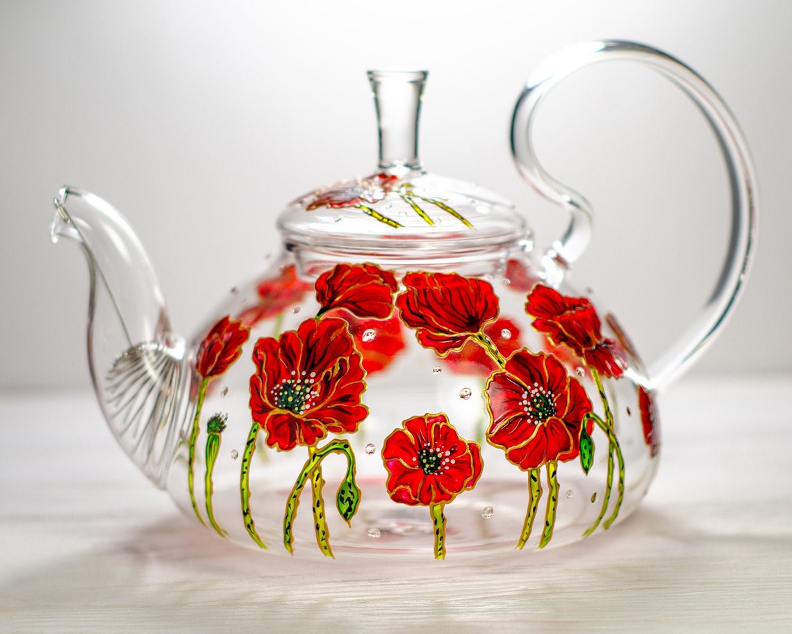 Personalized Teapot Red Poppies Glass Teapot with Removable Etsy