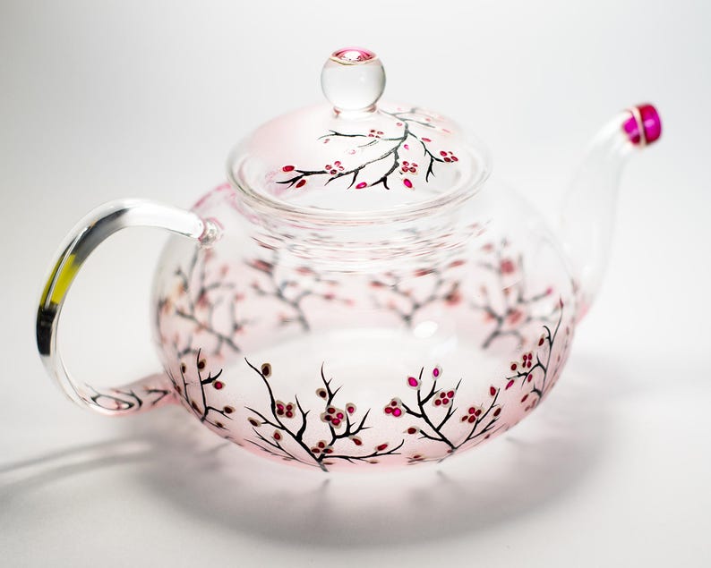 Personalized Glass Teapot Cherry Blossom, Unique Teapot Hand Painted Hostess Gift image 6