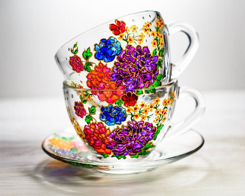 Tea Cups and Saucers Colorful Floral Tea Set 2 Cups With Etsy