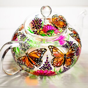 Glass Teapot Butterflies and Flowers, Hand Painted Tea Pot with Infuser, Personalized Grandma Gift image 4