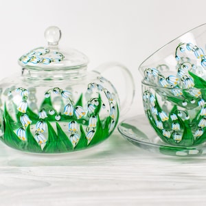PPersonalized Lily of the Valley Teapot with Cups and Saucers, Flowers Tea Set, Birth Flower Gift