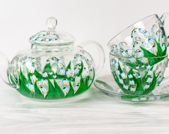 Personalized Mothers Day Gift, Lily of the Valley Teapot with Cups and Saucers, Flowers Tea Set