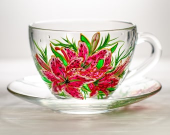 Handmade Tea Set, Flowers Teacup and Saucer Set, Personalized Botanical Mothers Day Gift