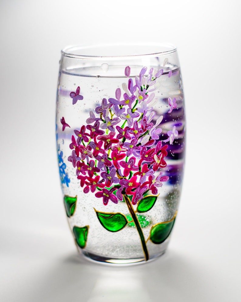 Floral Wine Tumbler Lilac Flowers Wine Glasses Botanical Hand Painted Stemless Wedding Glasses image 3