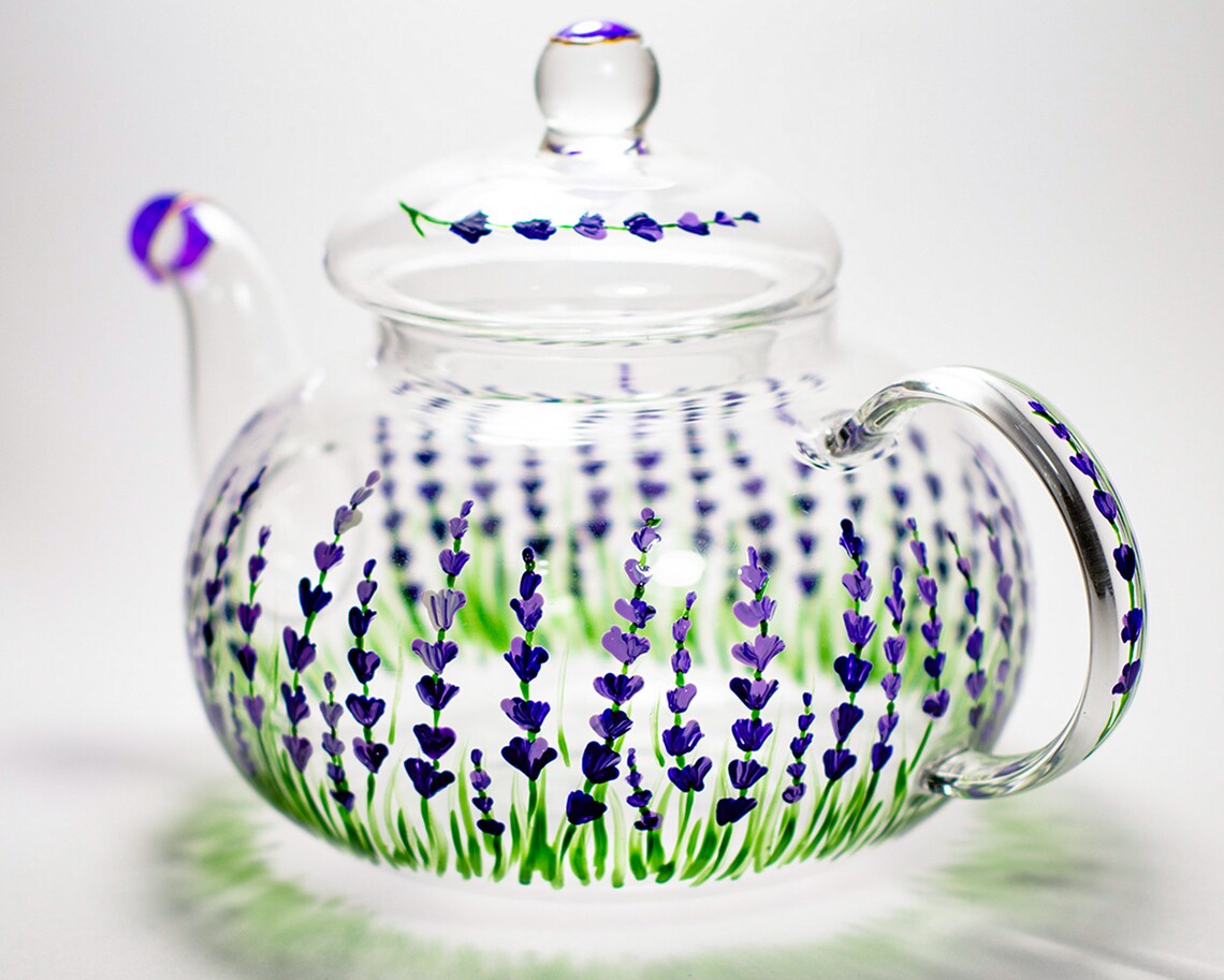 Lavender Teapot Rustic Hand Painted Glass Teapot With Infuser Etsy