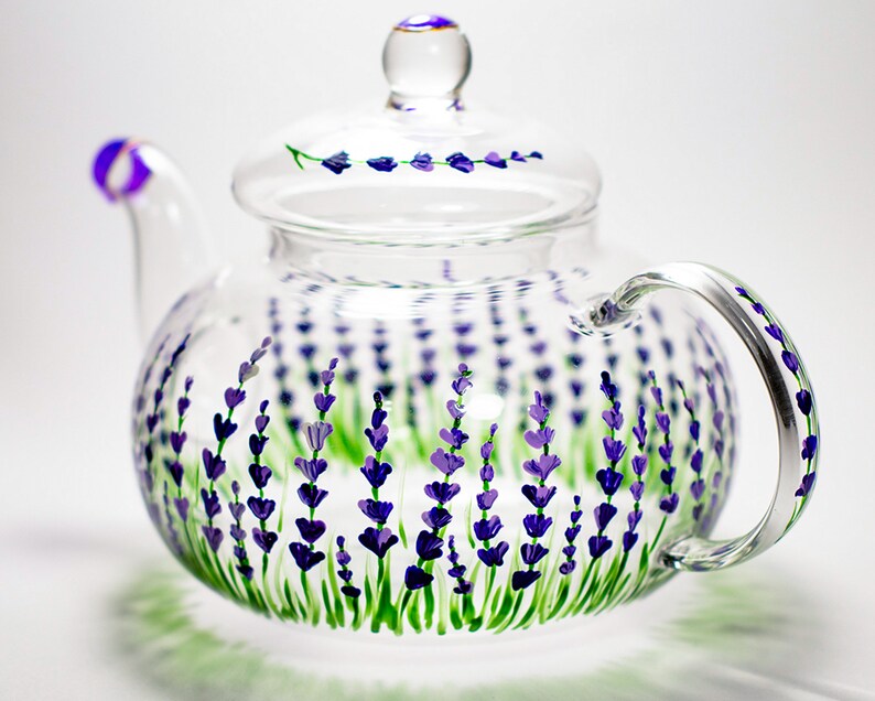 Lavender Teapot Rustic Hand painted Glass Teapot with Infuser Tea Party Favors image 4