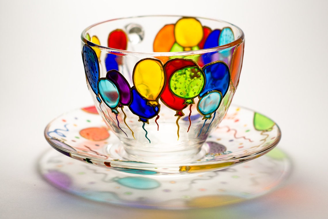 Colorful Balloon Birthday Tea Cup and Saucer Colorful Teacup Etsy