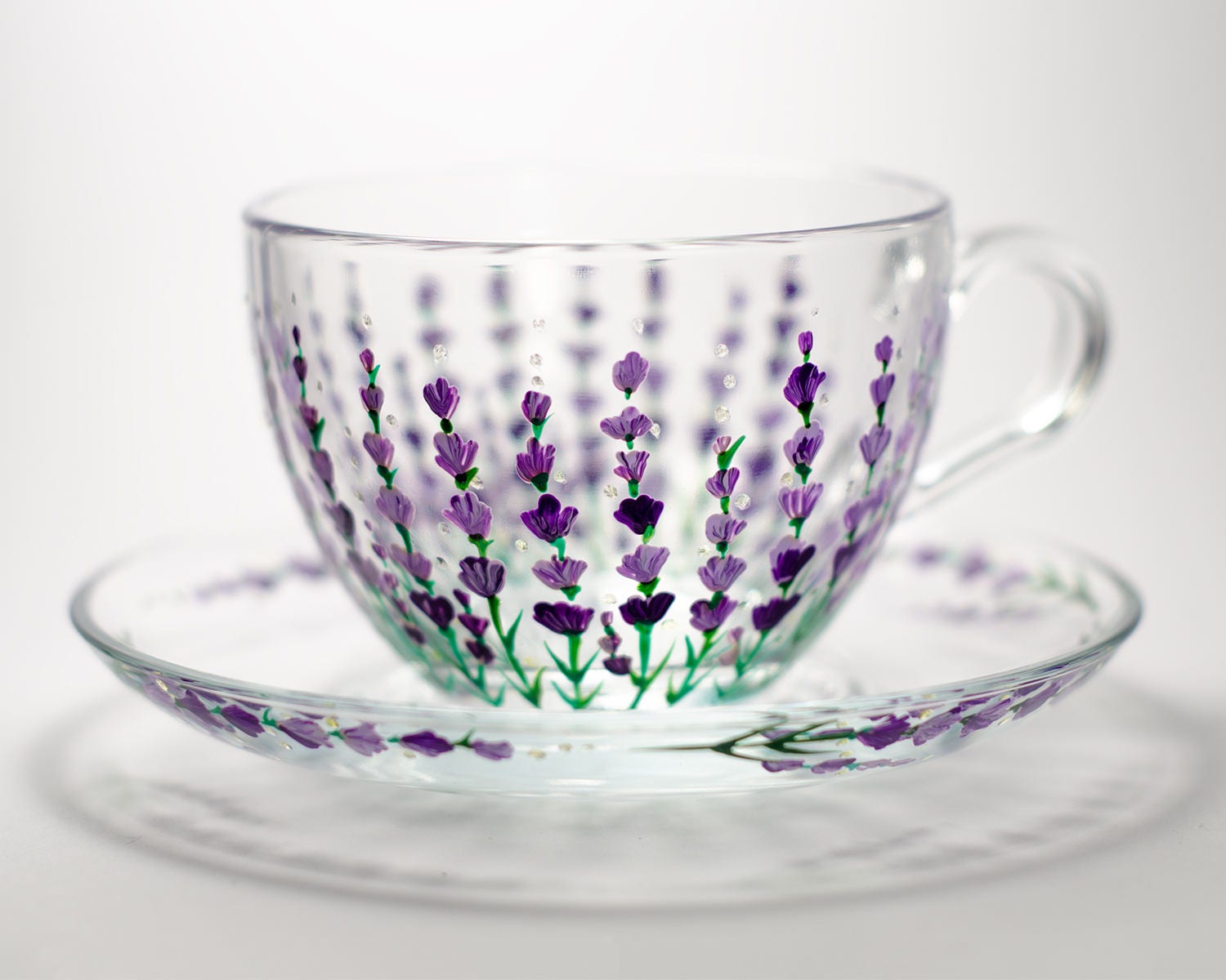 Lavender Tea Cup & Saucer Set, Flower Hand Painted Glass Cup Gift for Her,  Provence Home Decor and Tableware 