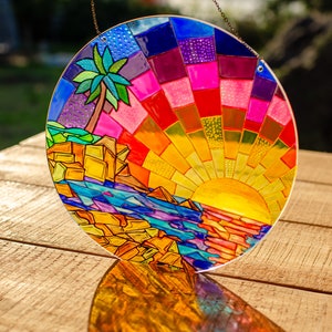 Window Hanging Suncatcher, Christmas Gift Home Decoration, Sun Catcher for Window Tropical Sunset