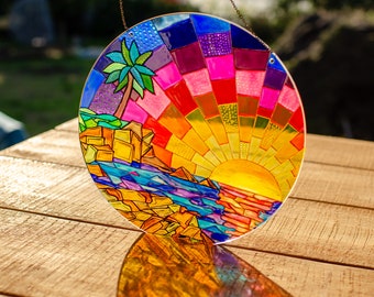 Tropical Sunset Suncatcher: Hand-Painted Window Hanging Decor