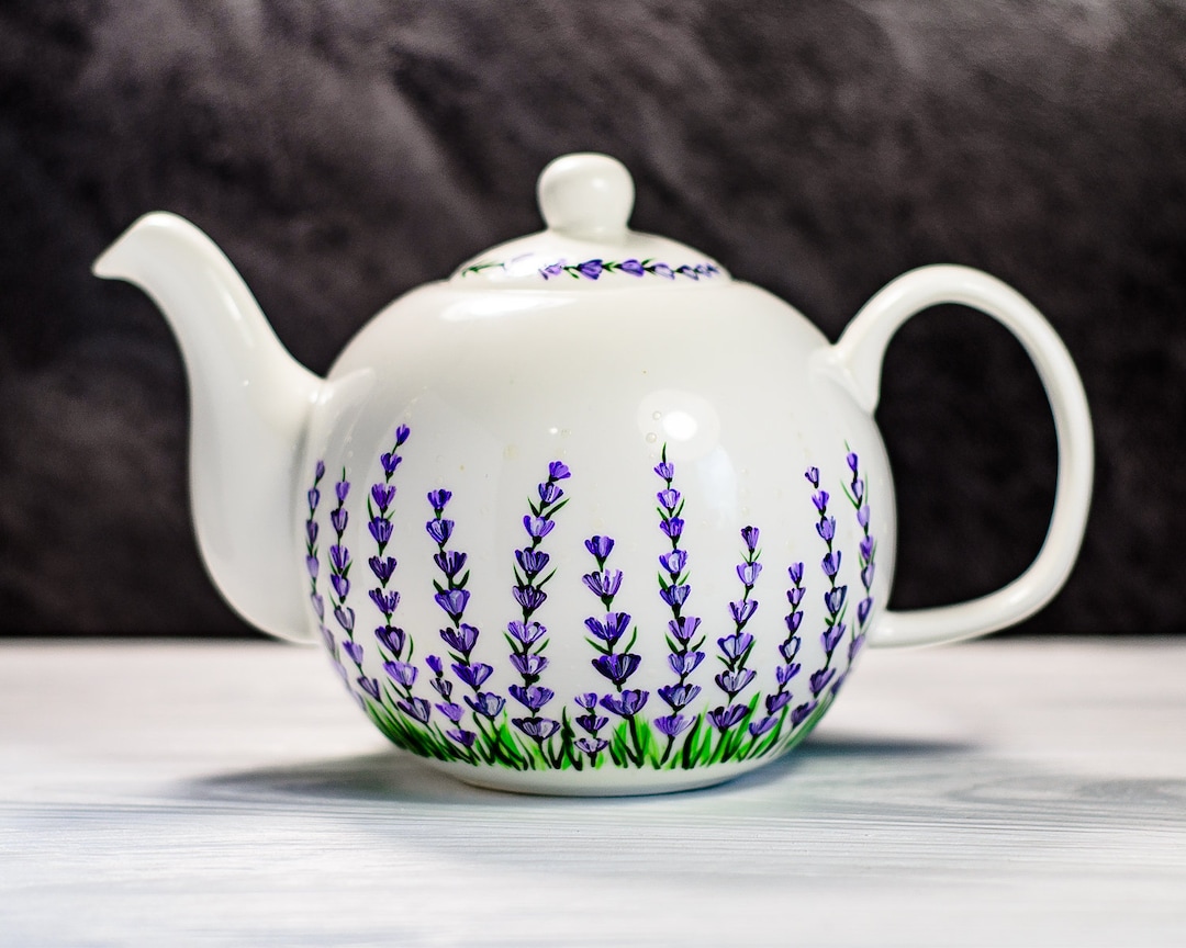 Ceramic Teapot Hand Painted Lavender Flowers Design, Personalized Women Gift Mom Grandmother