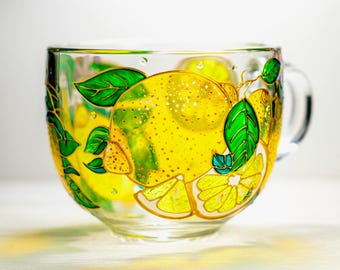 Lemon Mug, Citrus Coffee Cup, Hand Painted Glass Mug, Summer Drinkware