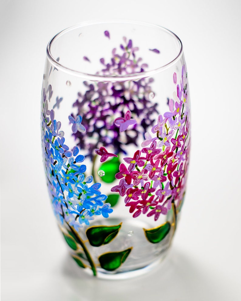 Floral Wine Tumbler Lilac Flowers Wine Glasses Botanical Hand Painted Stemless Wedding Glasses image 2