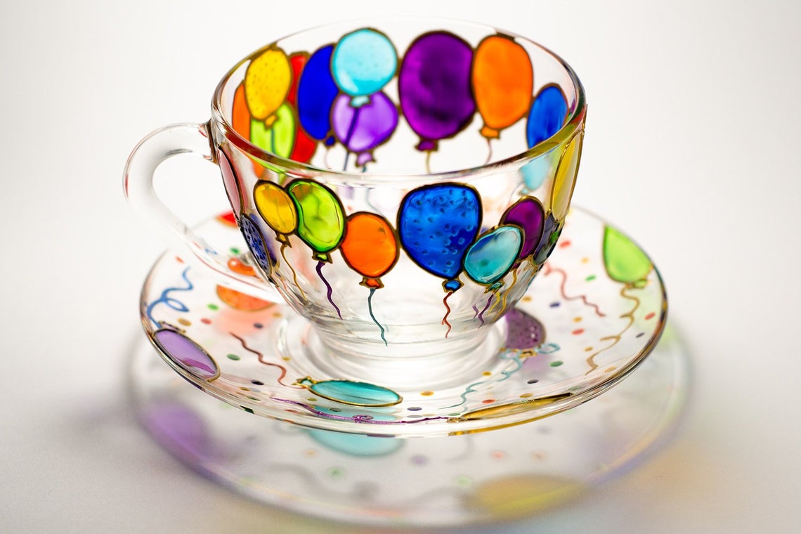Colorful Balloon Birthday Tea Cup and Saucer Colorful Teacup Etsy