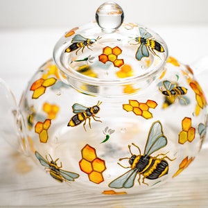 Bee Glass Teapot Personalised Tea Pot with Honeycomb, Christmas Gift for Parents Hand painted Tea Kettle with infuser,