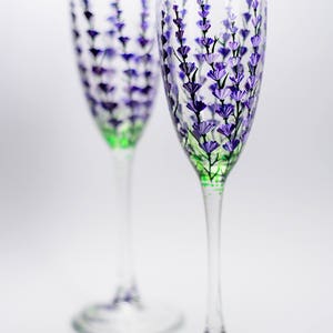 Personalized Champagne Flutes, Lavender Wedding Glasses Hand Painted Champagne Flutes Set of 2 Wedding Toasting Glasses image 3