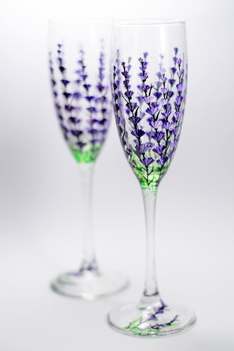 Personalized Champagne Flutes, Lavender Wedding Glasses Hand Painted Champagne Flutes Set of 2 Wedding Toasting Glasses image 3