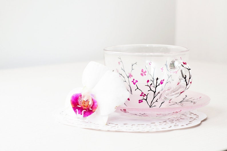 Personalized Grandma Gift, Tea Cup and Saucer Set, Cherry Blossom Teacup Set Personalized Gift for Mom image 2